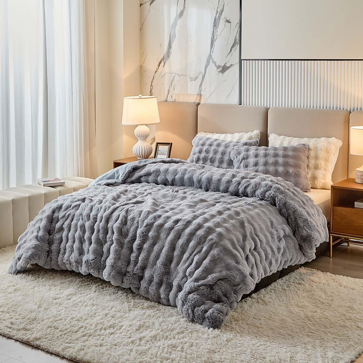 Full Faux Rabbit Fur Comforter Set - 3 Pieces Fluffy Bedding Set Ultra Soft Warm Shaggy Winter Flannel Bed Set, Luxury Skin Friendly Sherpa Comforter Set & Pillow for Thanksgiving Tie Dye Coffee