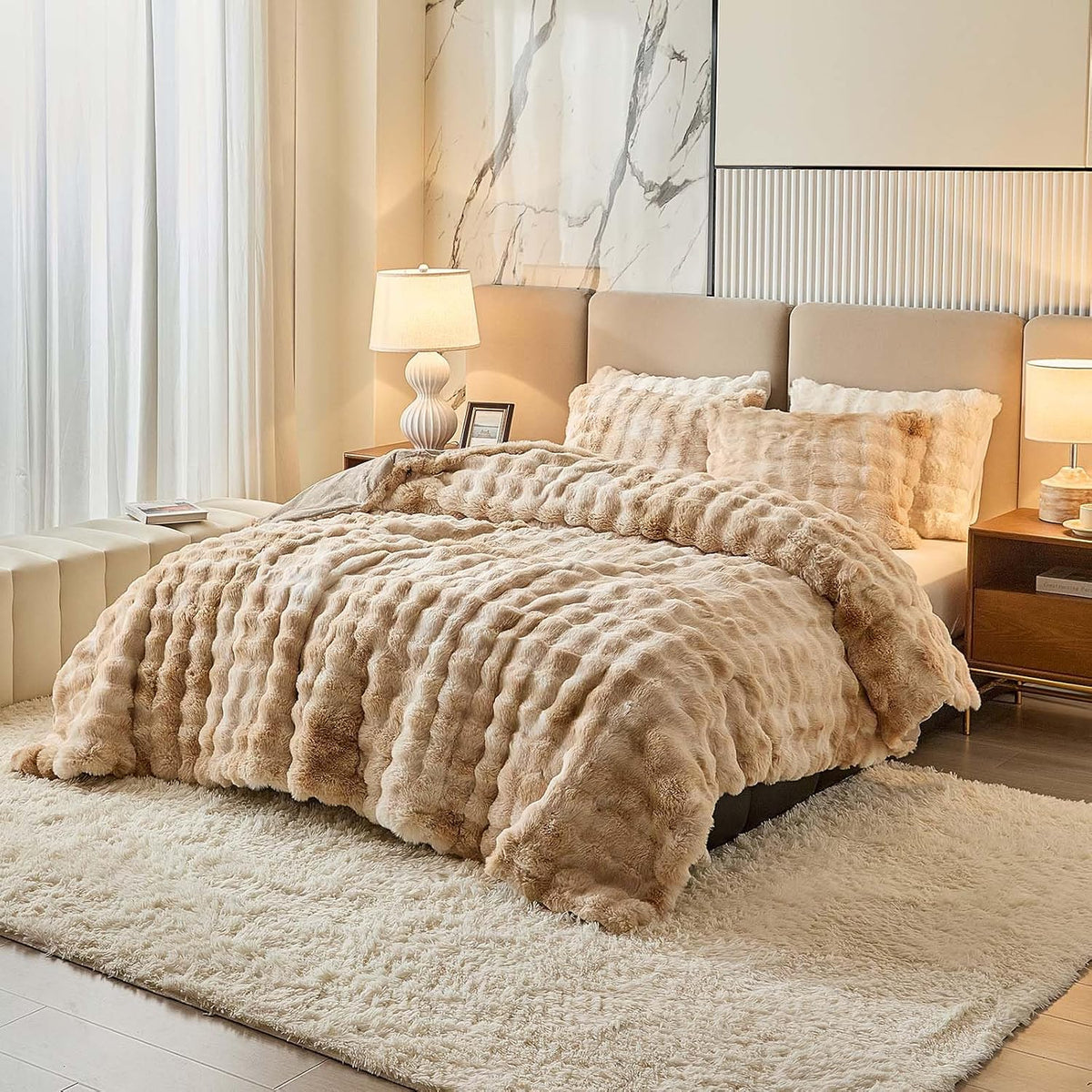 Full Faux Rabbit Fur Comforter Set - 3 Pieces Fluffy Bedding Set Ultra Soft Warm Shaggy Winter Flannel Bed Set, Luxury Skin Friendly Sherpa Comforter Set & Pillow for Thanksgiving Tie Dye Coffee