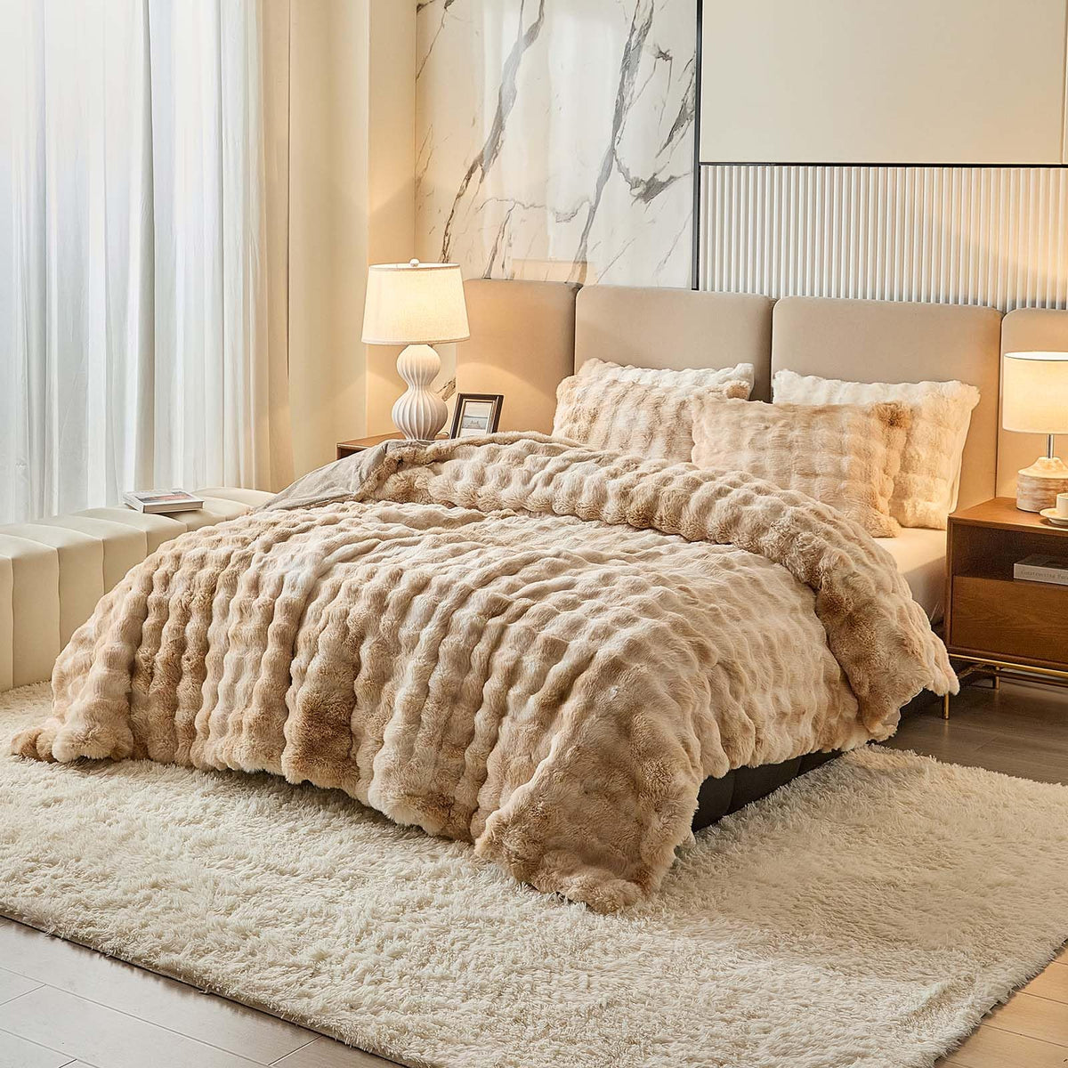 Full Faux Rabbit Fur Comforter Set - 3 Pieces Fluffy Bedding Set Ultra Soft Warm Shaggy Winter Flannel Bed Set, Luxury Skin Friendly Sherpa Comforter Set & Pillow for Thanksgiving Tie Dye Coffee