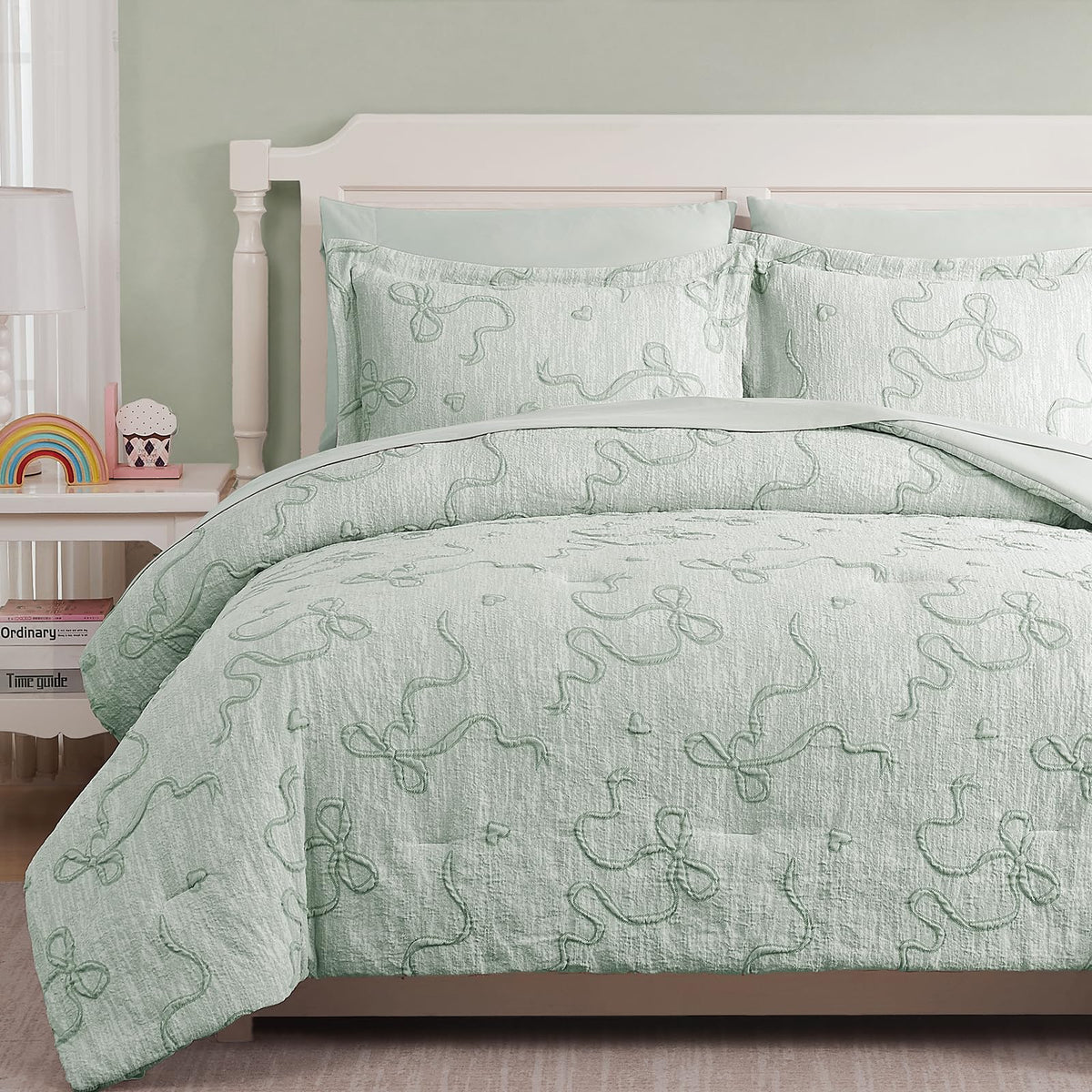 Queen Comforter Set - 7 Pieces Pink Bedding Set Bow Jacquard Bed in a Bag