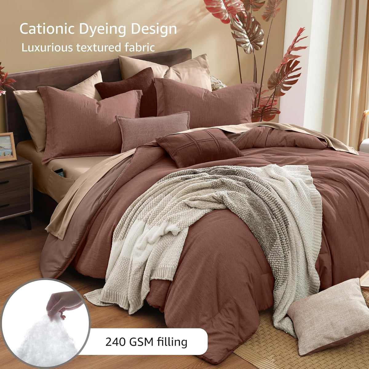 Monbix Queen Comforter Set 7 Pieces Terracotta Cationic Dyeing Bed in a Bag