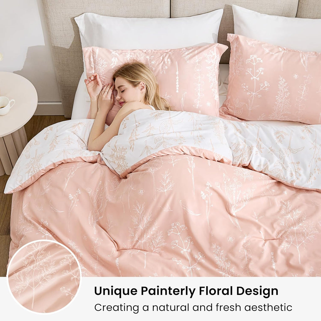 Love's cabin Floral Comforter Set Cute Bedding Full Reversible 3Pcs Pink