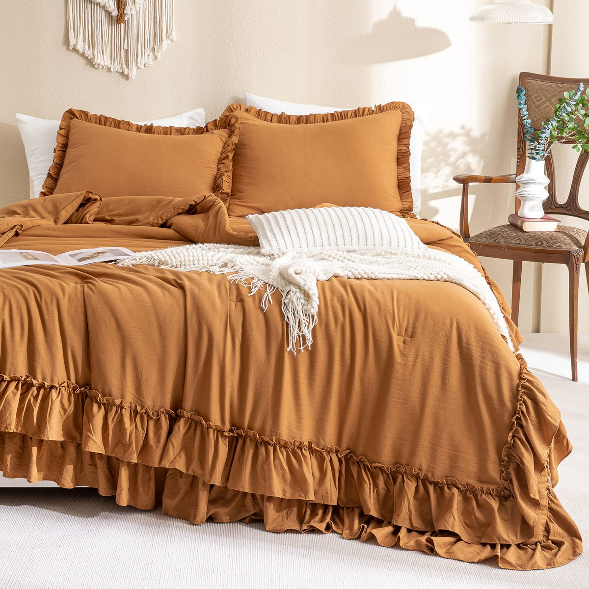 Masaca Ruffled Comforter Set Queen,Farmhouse Shabby Boho Chic Bedding Wheat and White Ruffle Comforter Vintage Rustic French Country Elegant Bedding Set 3PCS