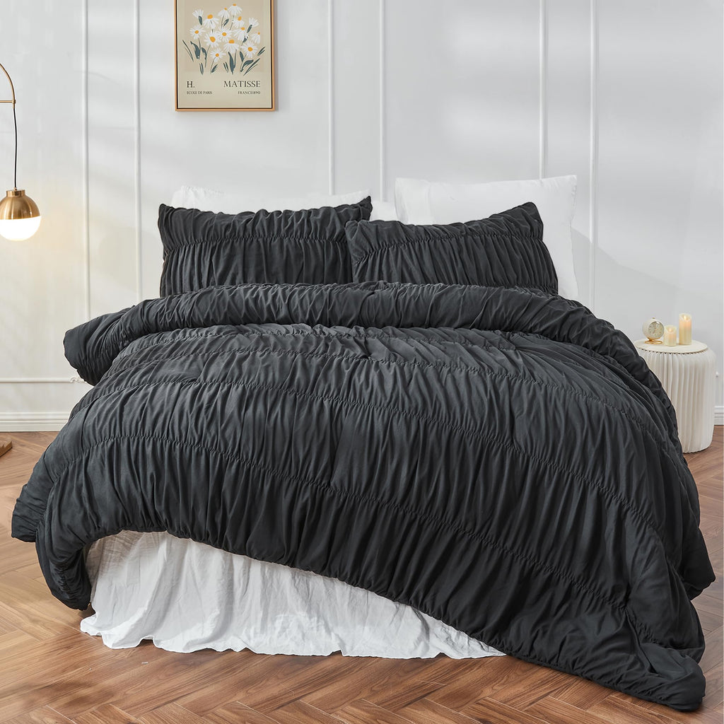 Bonlino Wheat Ruched Comforter Set Queen Size Ruffle Comforter Bedding