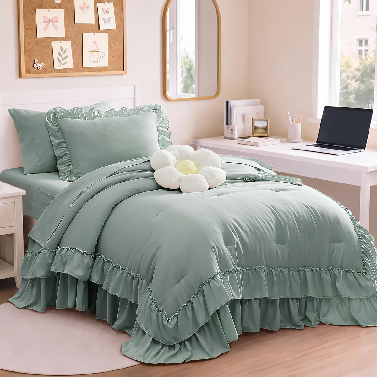 AMBERSPACE Queen Comforter Set White Ruffle 7 Pieces Farmhouse Bed in a Bag