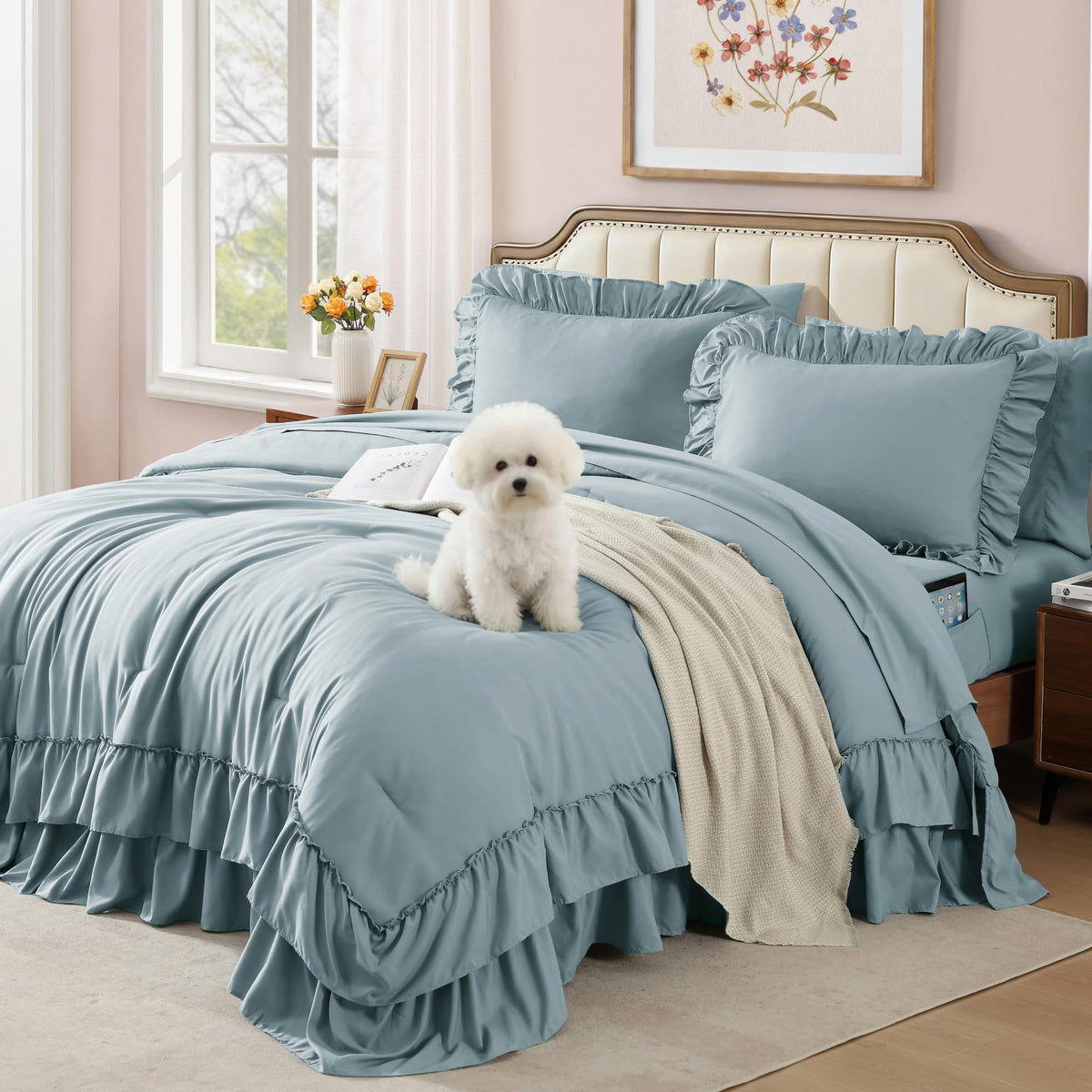 Queen Comforter Set Soft Pink Ruffle 7 Pieces Farmhouse Bed in a Bag