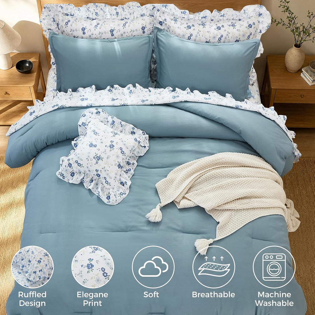 8PC Queen Comforter Set Blue, Ruffle Comforter with Floral Sheets