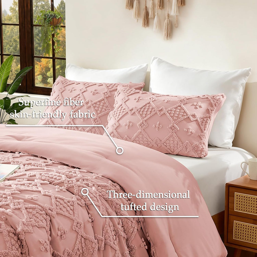 Tufted Boho Comforter Set, 3 Pieces Pink Boho King Bedding Set