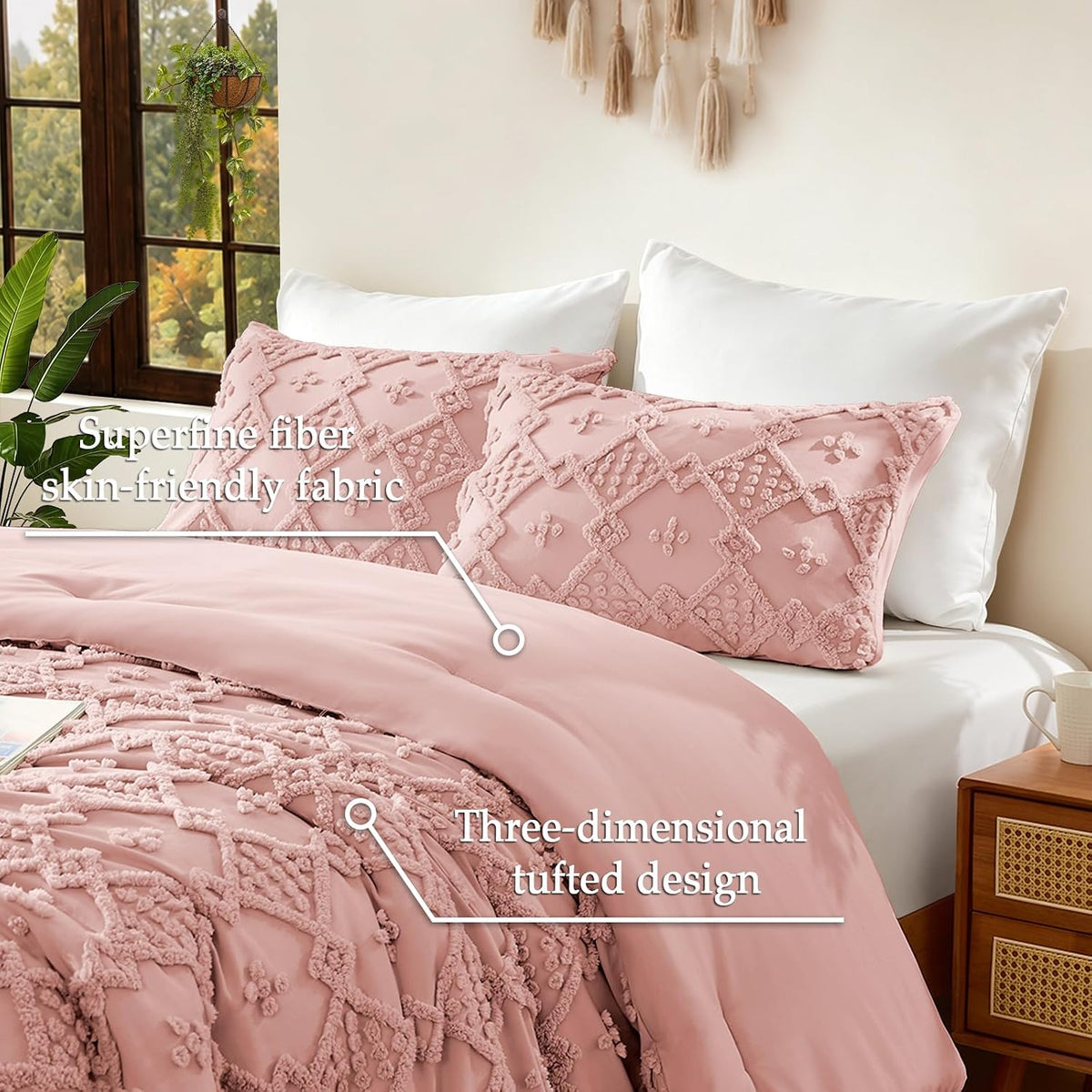 Tufted Boho Comforter Set, 3 Pieces Pink Boho King Bedding Set