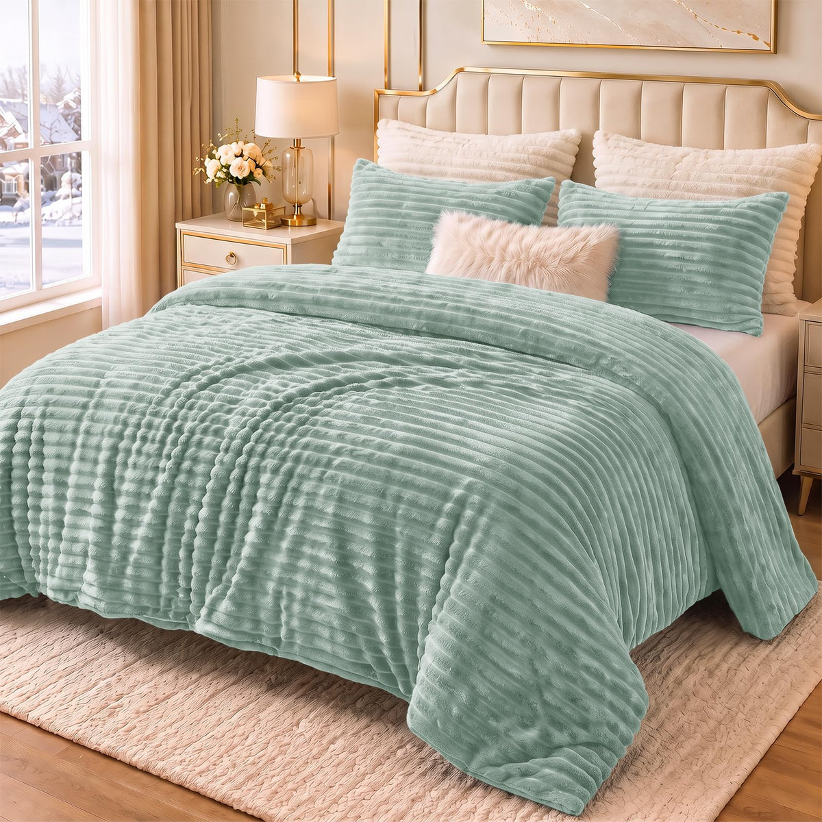 CozyLux Fleece Queen Comforter Set, 3 Piece Winter Warm Black Bedding