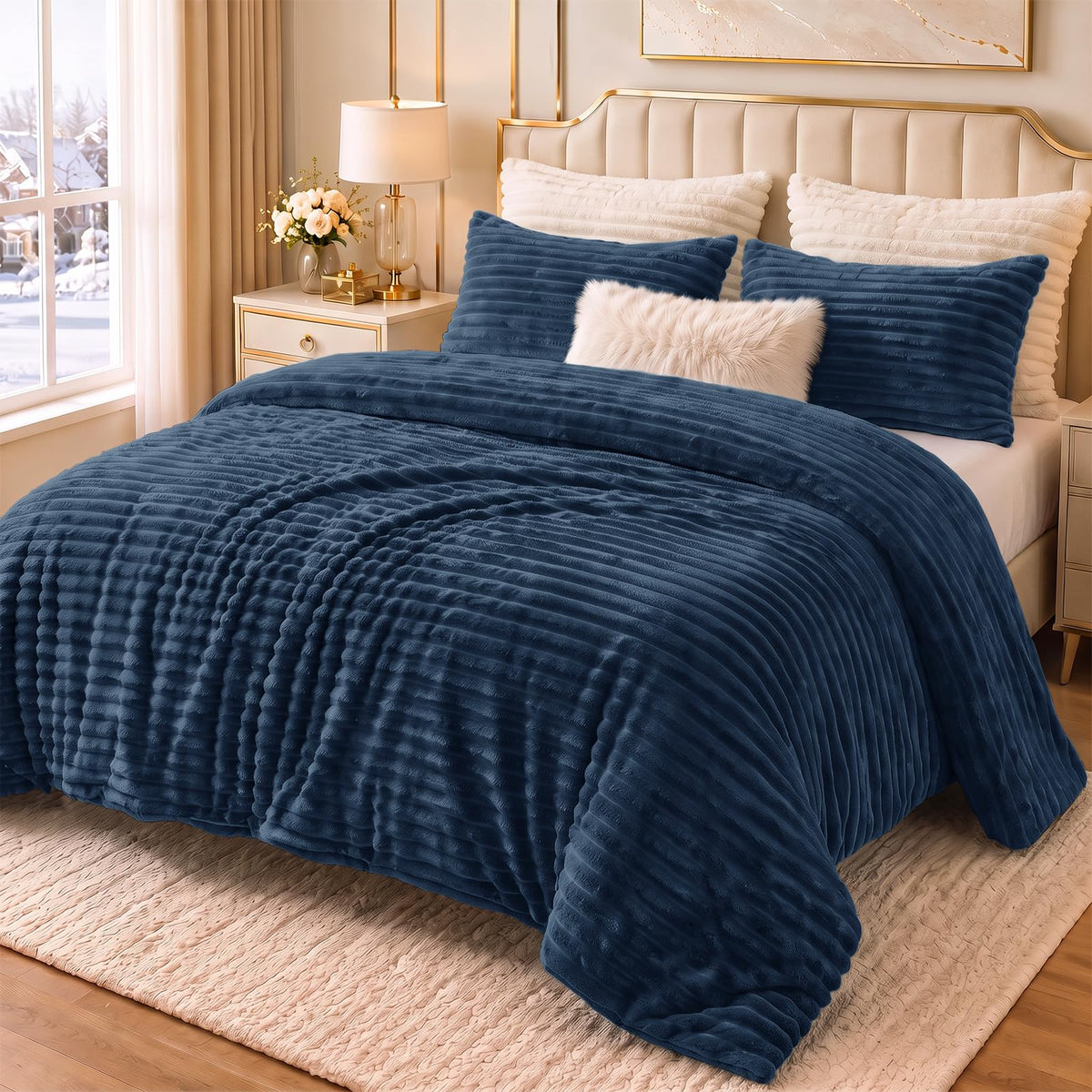 CozyLux Fleece Queen Comforter Set, 3 Piece Winter Warm Black Bedding