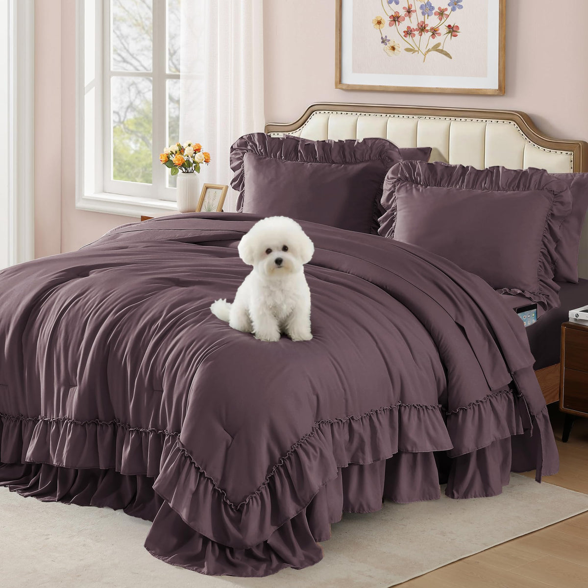 AMBERSPACE Queen Comforter Set White Ruffle 7 Pieces Farmhouse Bed in a Bag