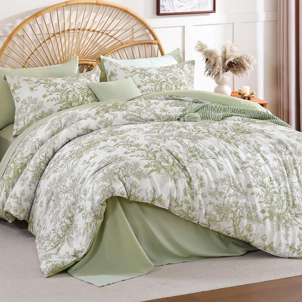 Queen Comforter Set 8 Pieces, Floral Comforter Set Blue, Bed in a Bag Queen