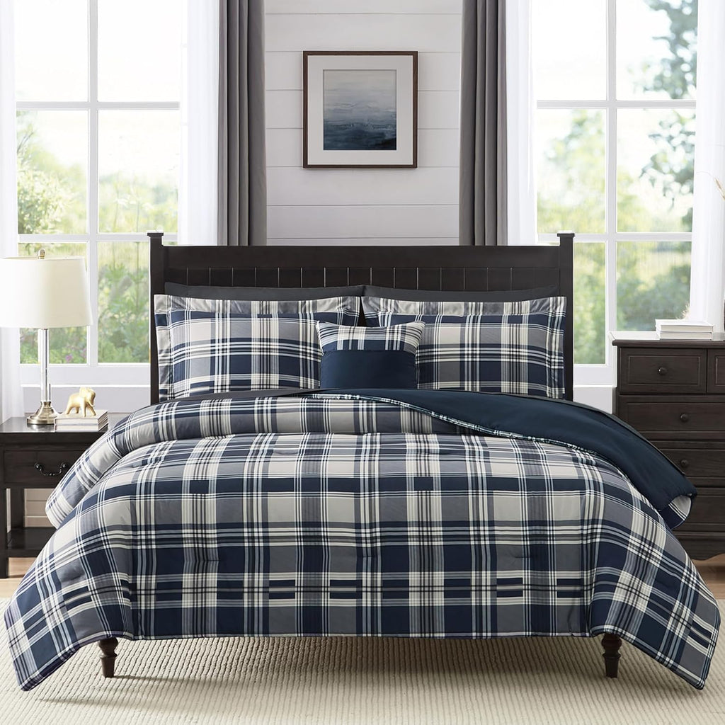 MaiRêve Plaid Queen Comforter Set Navy Blue 7 Pieces Bed in a Bag