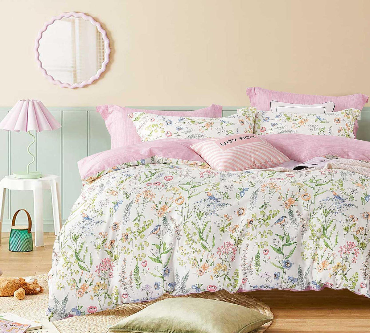 ALEISSEL Natural Cotton 3pcs Floral Comforter Sets King Size-Yellow Comforter with Pink & Yellow Flowers and Blue & Green Leaves on White, Reversible Lightweight Bedding Sets(King 104"×90")