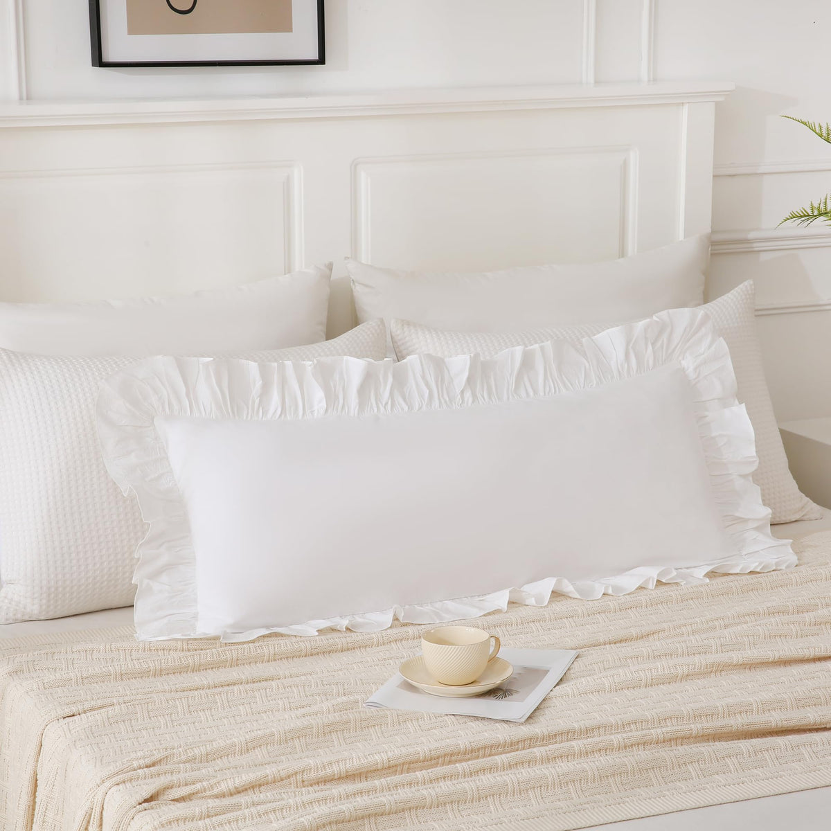 Taupe/White Plaid Ruffled Body Pillow Cover Washed Cotton 20"x54"