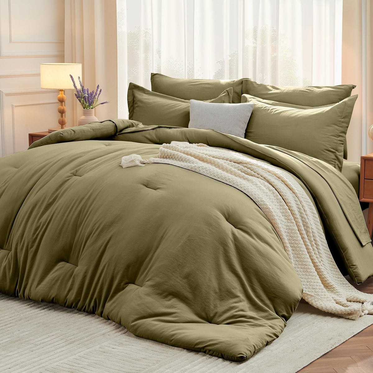 MUXHOMO King Comforter Set 7 Pieces, Soft Bed in a Bag, Beige