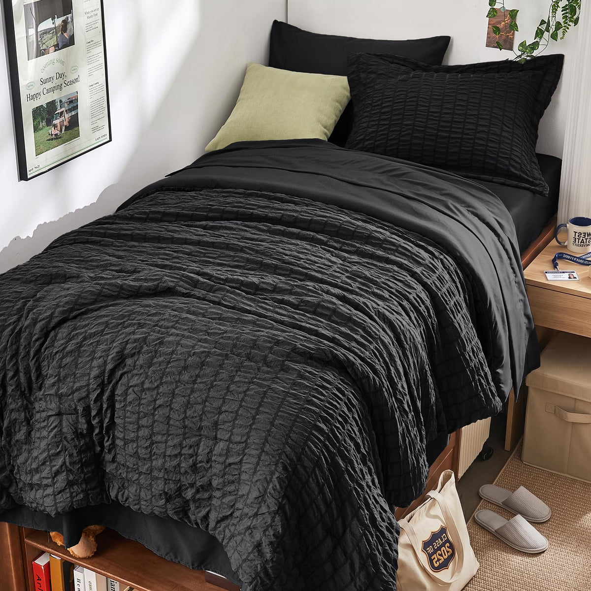 King Comforter Set - 7PCS Bed in a Bag, Seersucker Bedding Set, Dark Grey
