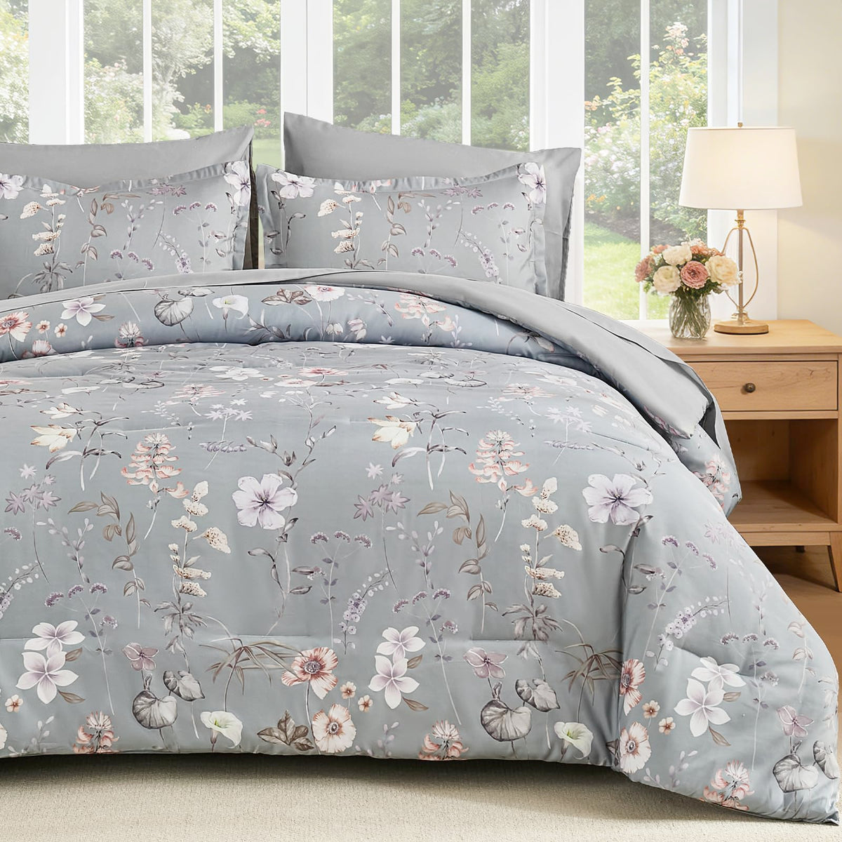 DJY Floral Comforter Set Queen Size,Brown Botanical Bedding Sets