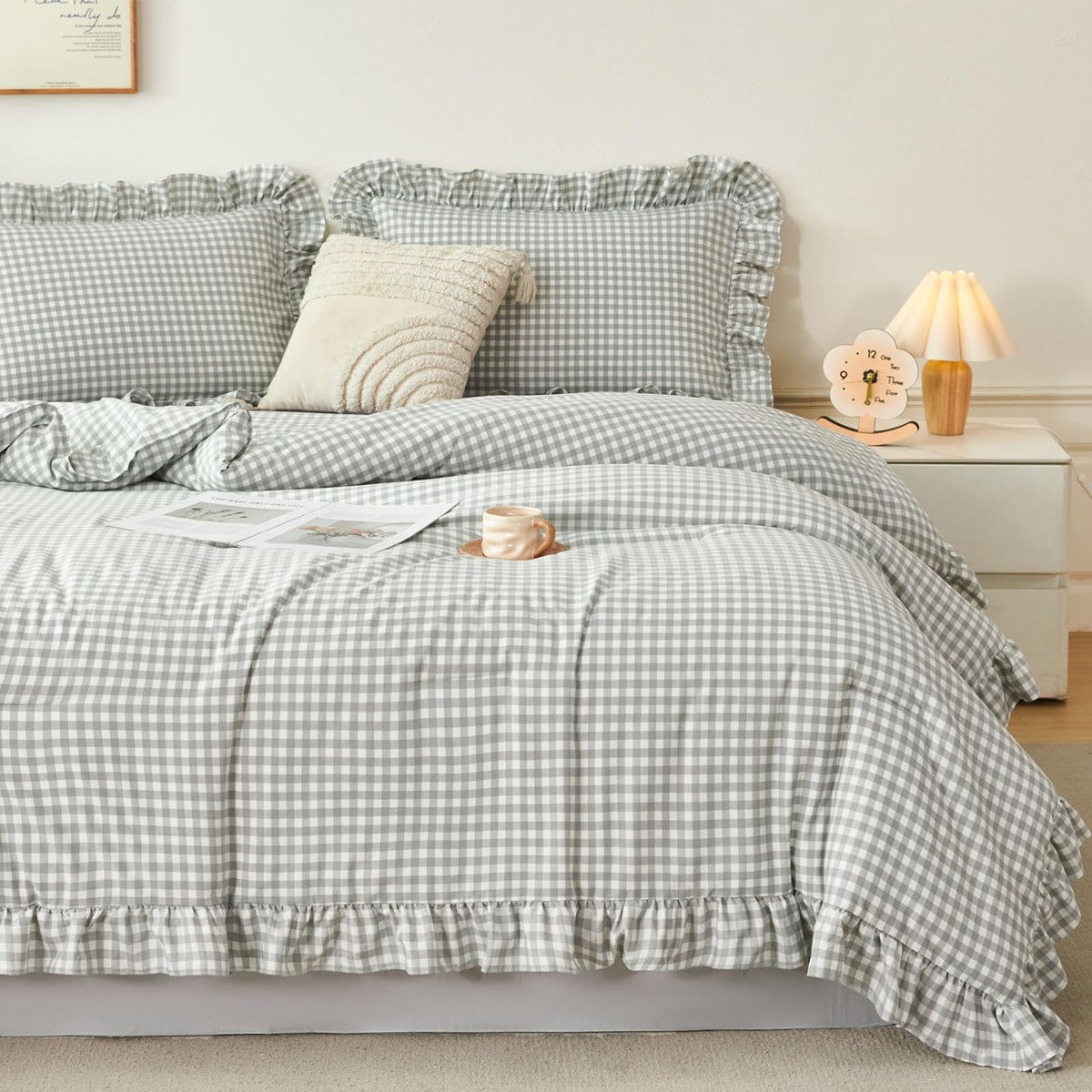 RYNGHIPY 5 Pcs Gingham Bedding Set Queen Yellow Ruffle Comforter Sets