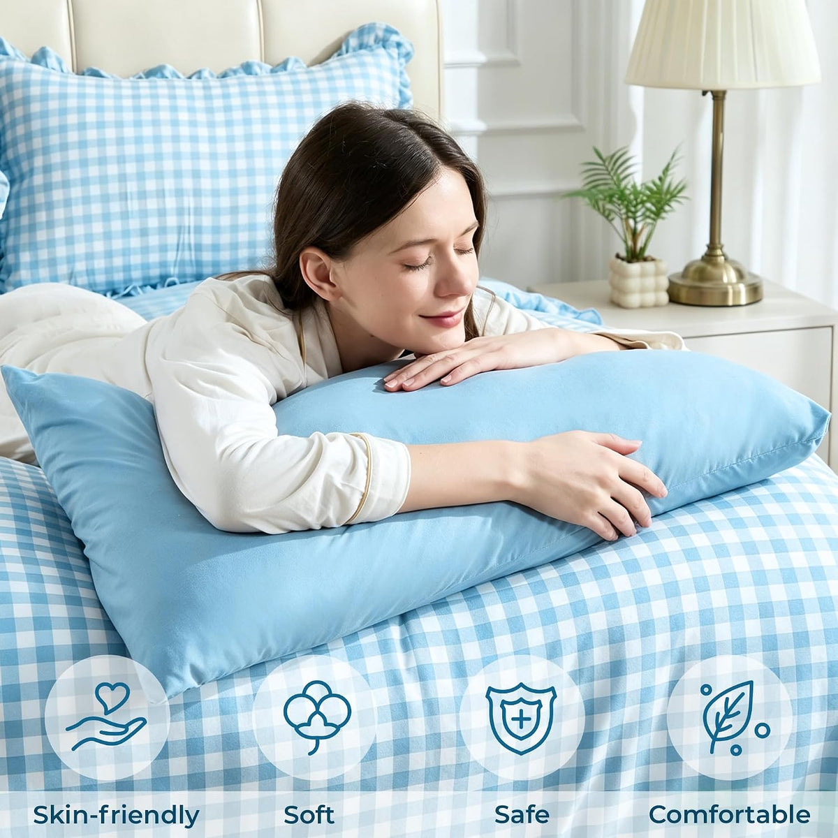 BDEUS 7 Pieces Gingham Ruffle Comforter Set Queen Size, Blue Grid Tartan Bedding Set, Soft Breathable Fabric Comforter with Flat Sheet, Fitted Sheet, 2 Pillowcases & 2 Shams, 88"X88"