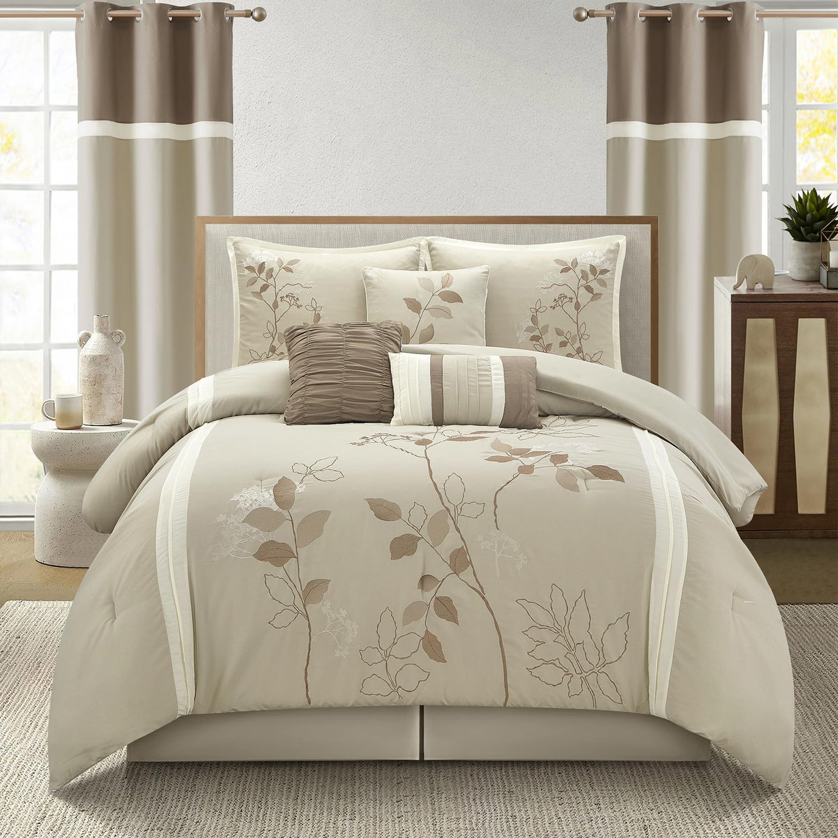 LANCO MODERN LIFESTYLE Beige King Comforter Set, 7 Pieces Bed in a Bag, Elegant Floral Leaves Embroidery, Soft and Lightweight All Seasons Bedding Set, Bedskirt, Pillow Shams, Decor Pillows