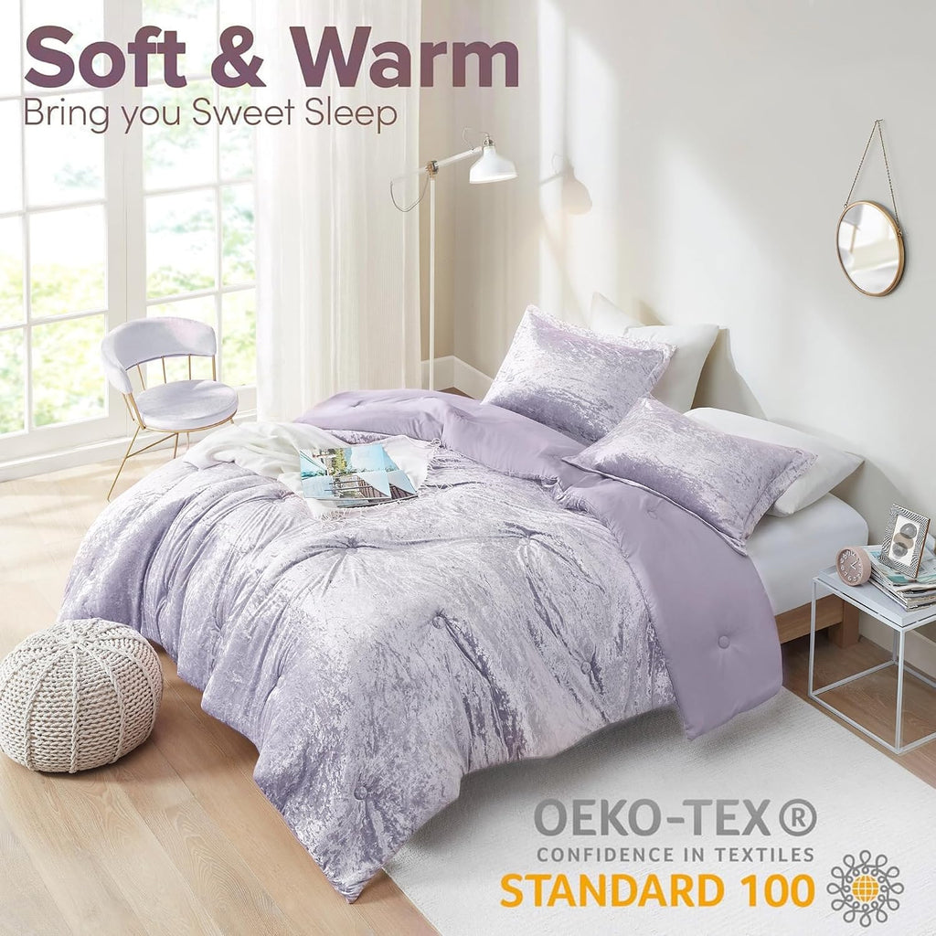 Comfort Spaces Juliette Purple Comforter Set Velvet Lush with Soft Brushed Microfiber Reverse, All Season Cozy Velvet Lavender Bedding Sets, Fluffy Comforter Bed Set, Matching Sham, Full/Queen 3 Piece