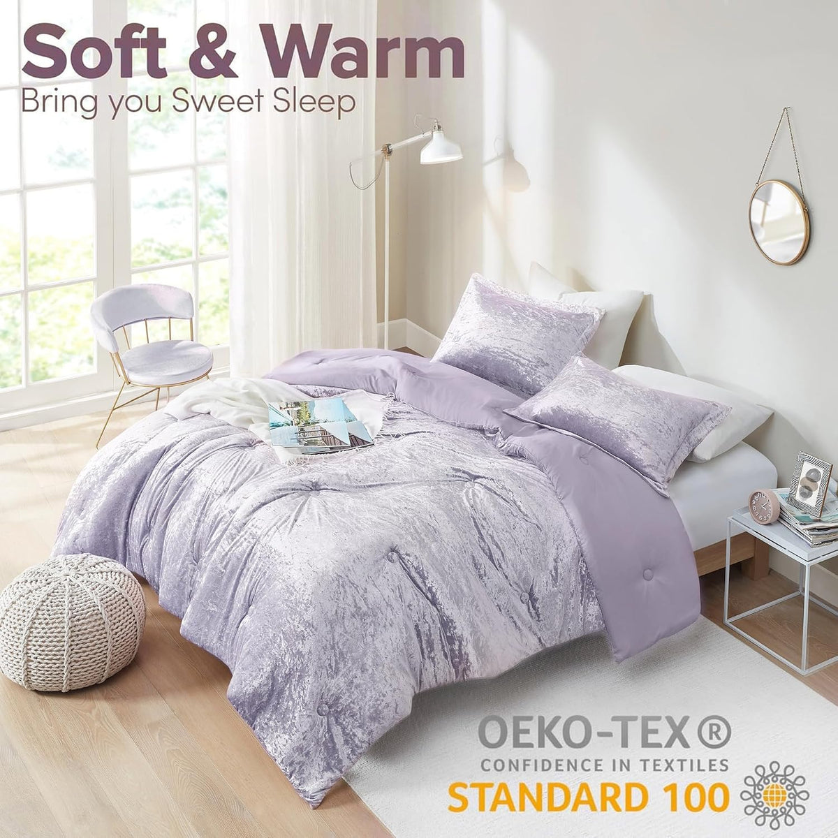Comfort Spaces Juliette Purple Comforter Set Velvet Lush with Soft Brushed Microfiber Reverse, All Season Cozy Velvet Lavender Bedding Sets, Fluffy Comforter Bed Set, Matching Sham, Full/Queen 3 Piece