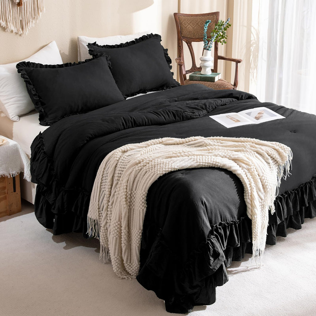 Masaca Ruffled Comforter Set Queen,Farmhouse Shabby Boho Chic Bedding Wheat and White Ruffle Comforter Vintage Rustic French Country Elegant Bedding Set 3PCS