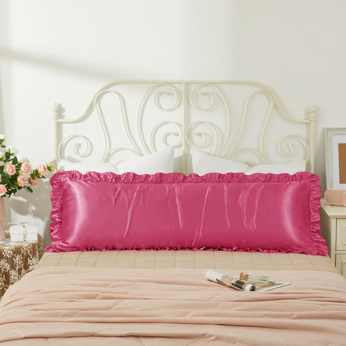 Blush Pink Satin Ruffled Pillow Cases for Hair and Skin,Blush Pink Silk Pillowcases Standard Set of 2 with Envelope Closure Princess Room Decoration