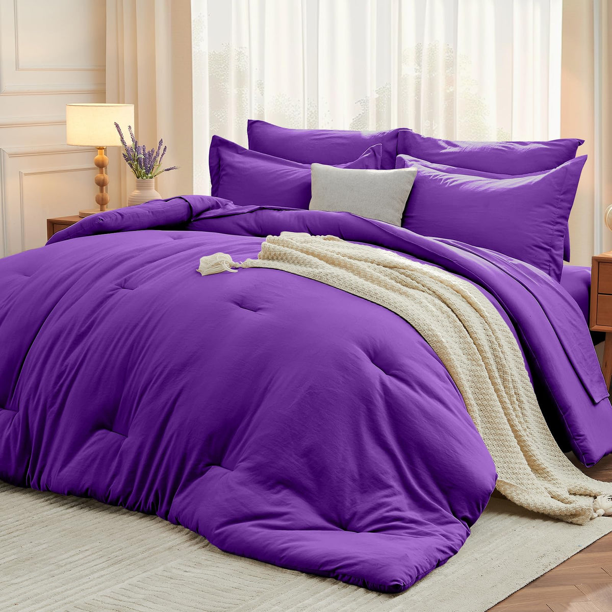 MUXHOMO King Comforter Set 7 Pieces, Soft Bed in a Bag, Beige