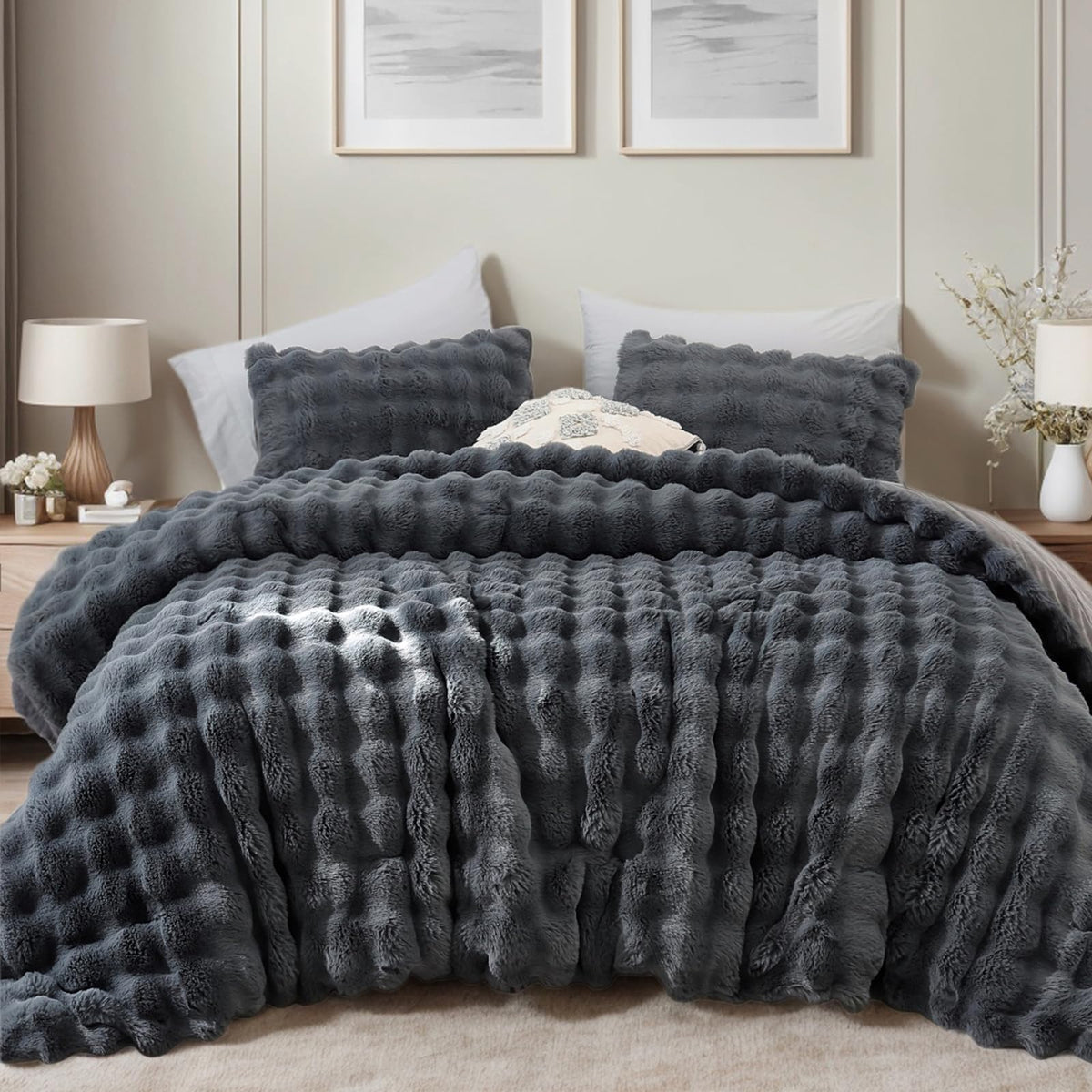 YIKUSH Queen Faux Fur Soft Comforter Set, Fluffy Linen Rabbit Fur Comforter