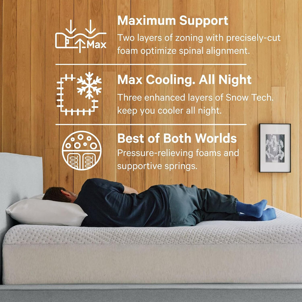 Casper Sleep Snow Max Hybrid Mattress – Queen, Medium-Plush Memory Foam with Snow Technology Cooling & Zoned Support – Premium Comfort & Motion Isolation – 100-Night Trial
