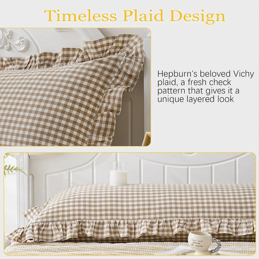 Taupe/White Plaid Ruffled Body Pillow Cover Washed Cotton 20"x54"