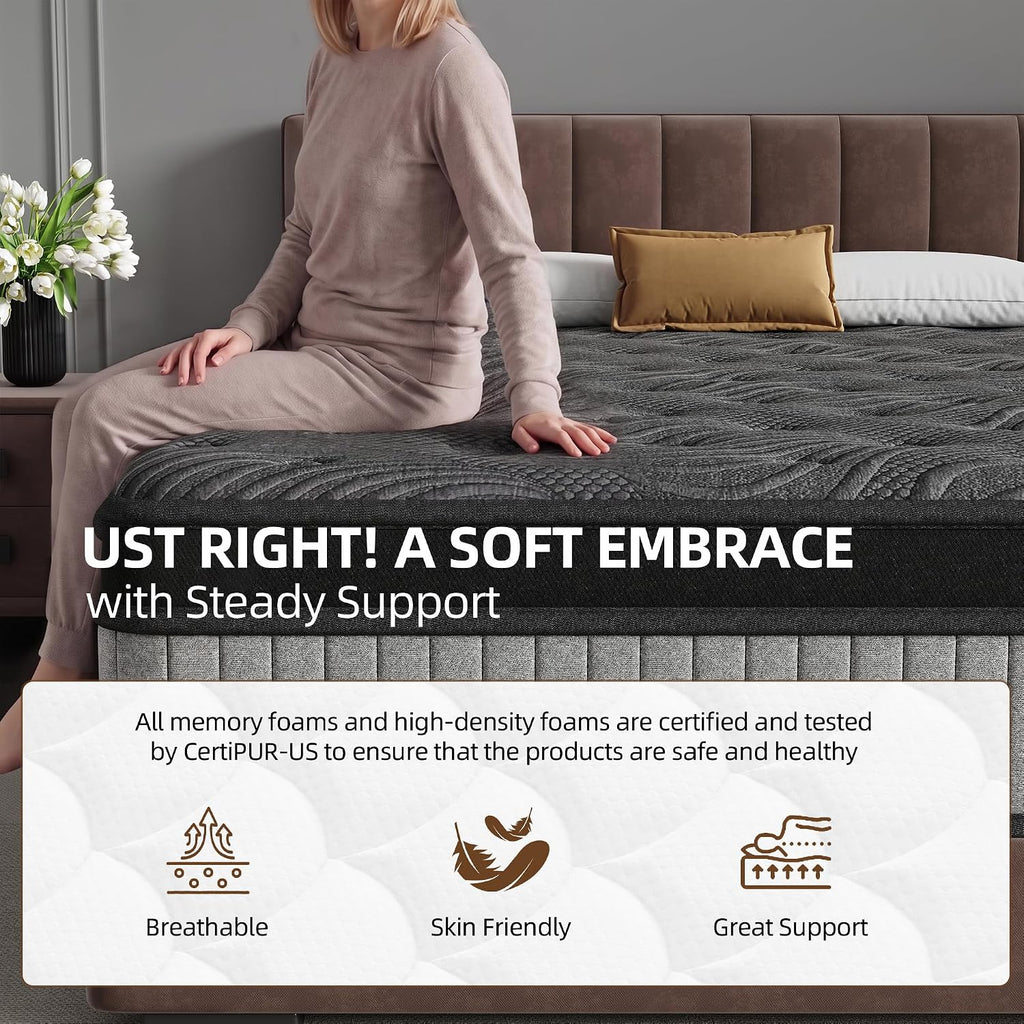 14-Inch Queen Size Mattress in a Box, 12-Zone Ergonomic Pocket Springs, Black Thermoregulating Knit Cover with Grey Side Panels, Precision Pressure Relief & Zero Motion Transfer