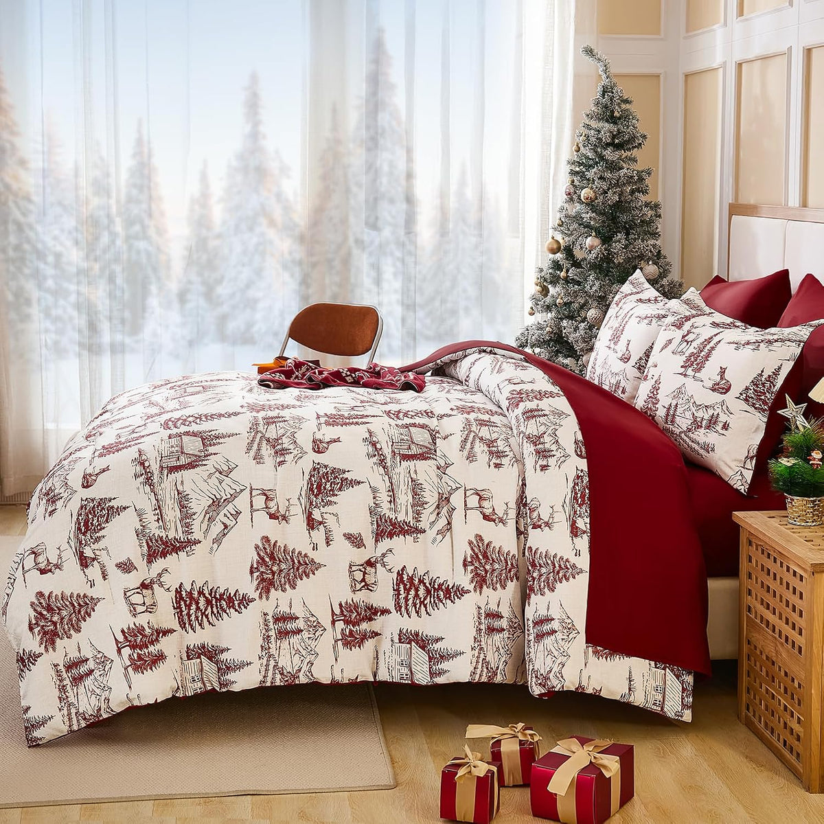 Yiran Red Christmas Comforter Set King, 7 Pieces Xmas Cabin Woods Bedding