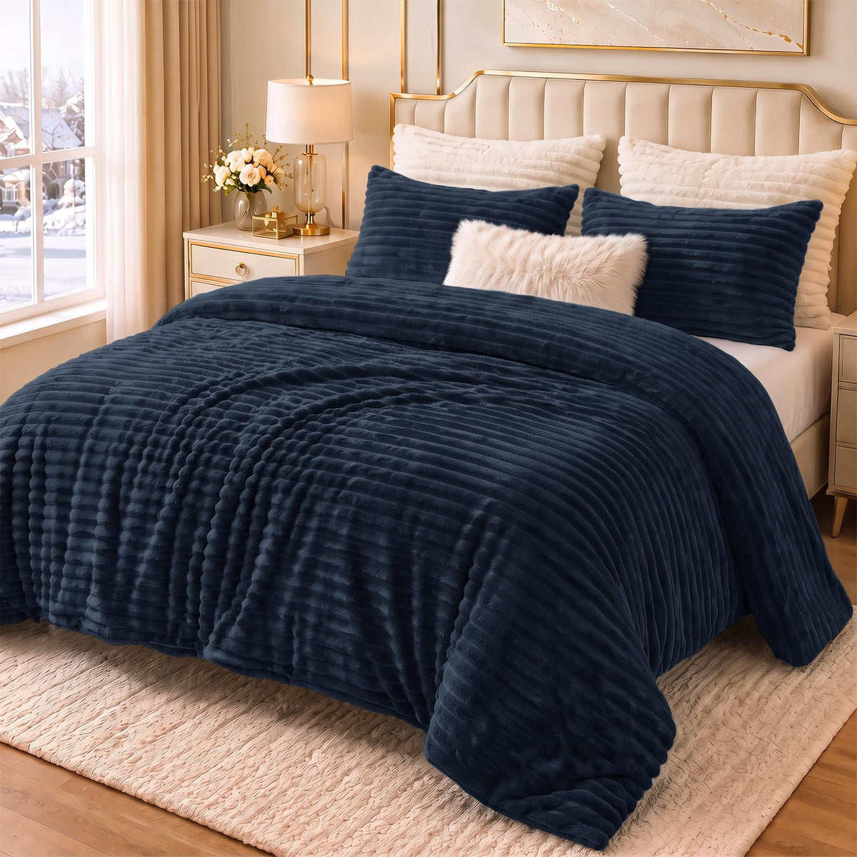 CozyLux Fleece Queen Comforter Set, 3 Piece Winter Warm Black Bedding