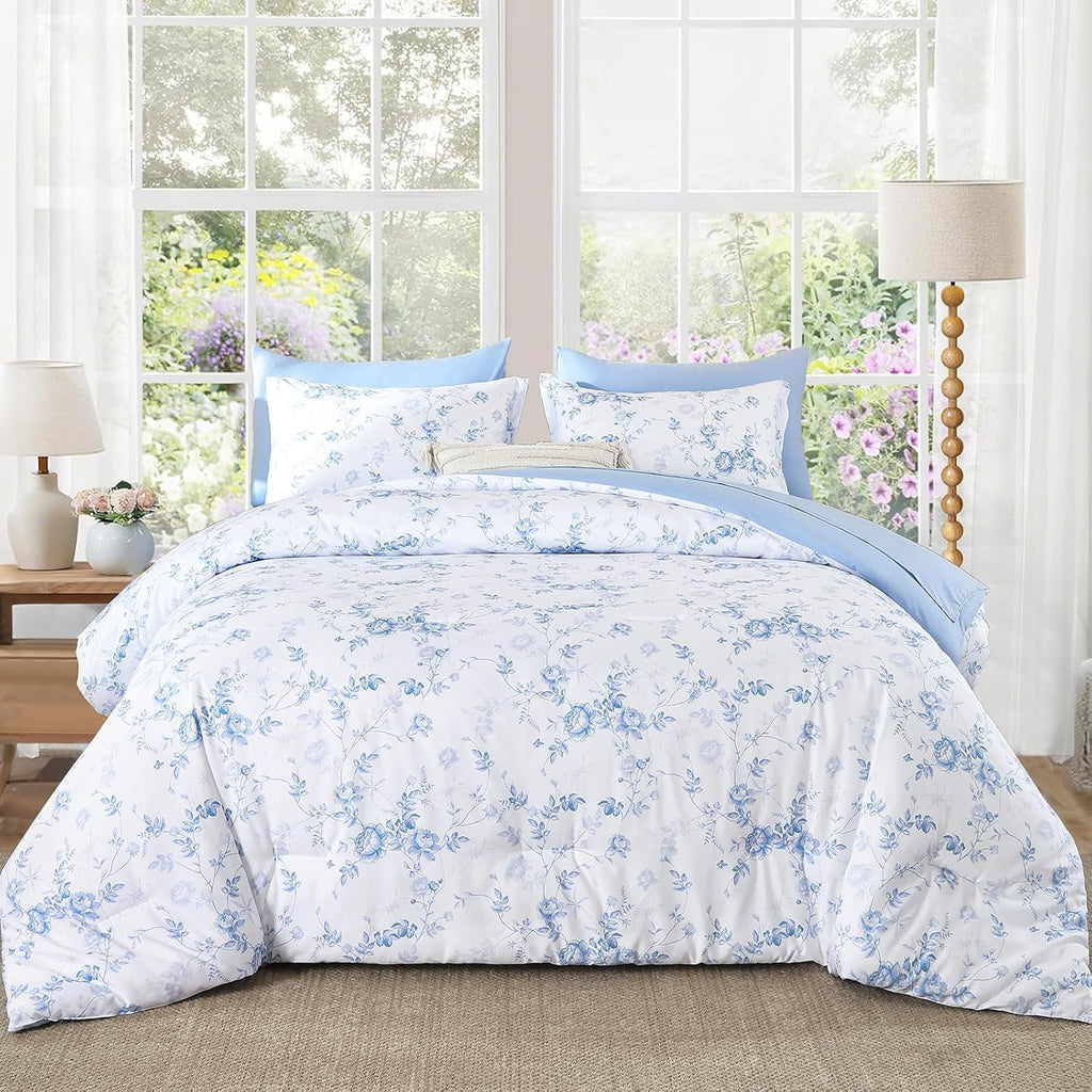Luxudecor Blue Rose Floral Queen Comforter Set, 7 Pieces Bed in a Bag