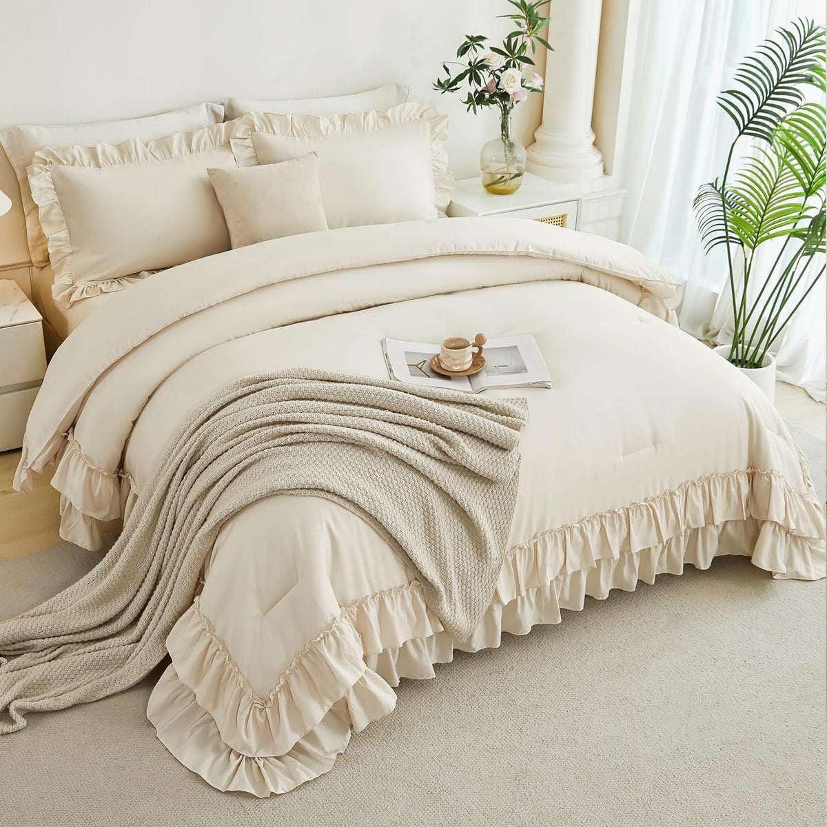 ANGIYUIN 5Pcs Beige Ruffled Comforter Set Queen Double-Layer Ruffle Bedding Comforter Set for Women Girls Fluffy Shabby Chic Bed in a Bag with Sheets(Beige Queen)