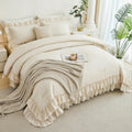 ANGIYUIN 5Pcs Beige Ruffled Comforter Set Queen Double-Layer Ruffle Bedding Comforter Set for Women Girls Fluffy Shabby Chic Bed in a Bag with Sheets(Beige Queen)