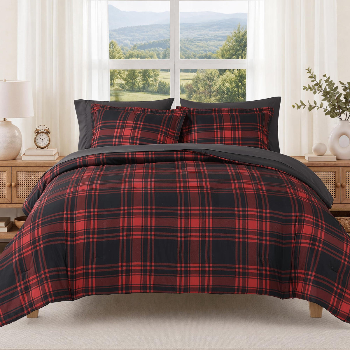 MaiRêve Plaid Queen Comforter Set Navy Blue 7 Pieces Bed in a Bag