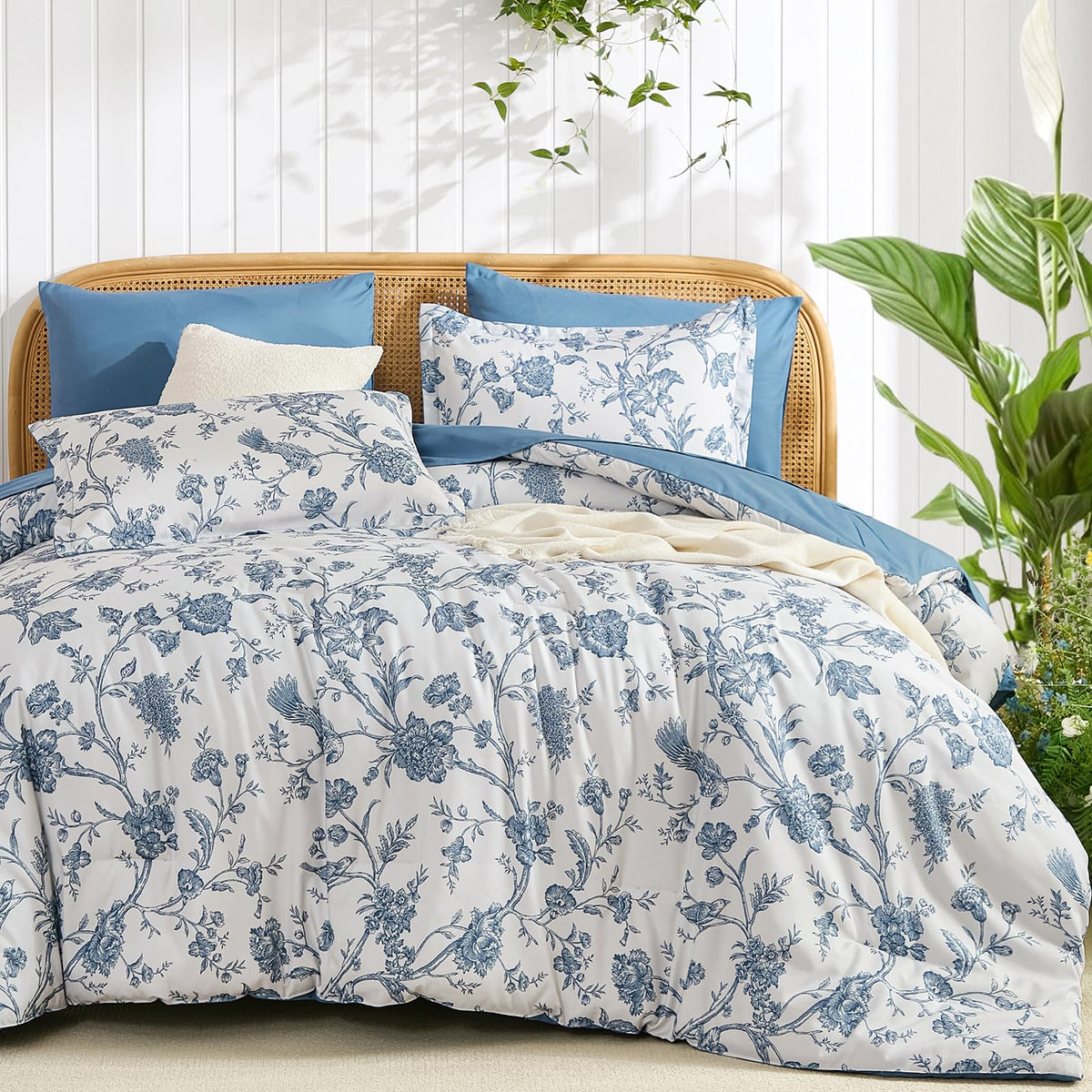 Luxudecor Blue Rose Floral Queen Comforter Set, 7 Pieces Bed in a Bag