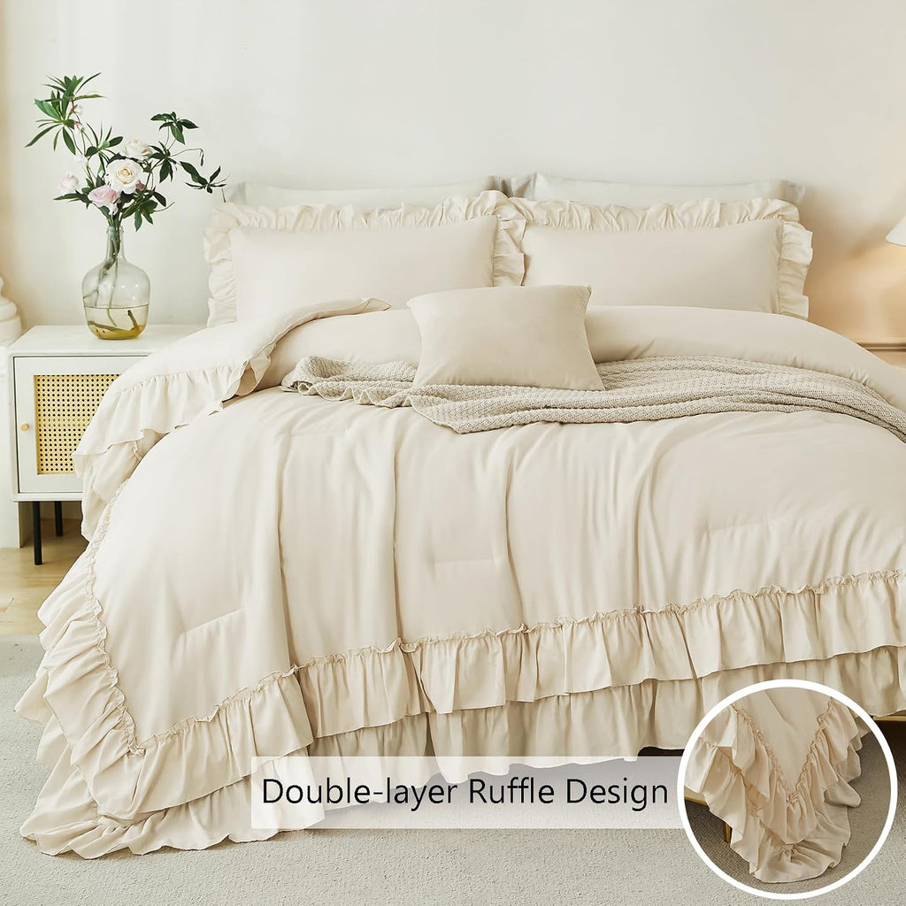 ANGIYUIN 5Pcs Beige Ruffled Comforter Set Queen Double-Layer Ruffle Bedding Comforter Set for Women Girls Fluffy Shabby Chic Bed in a Bag with Sheets(Beige Queen)