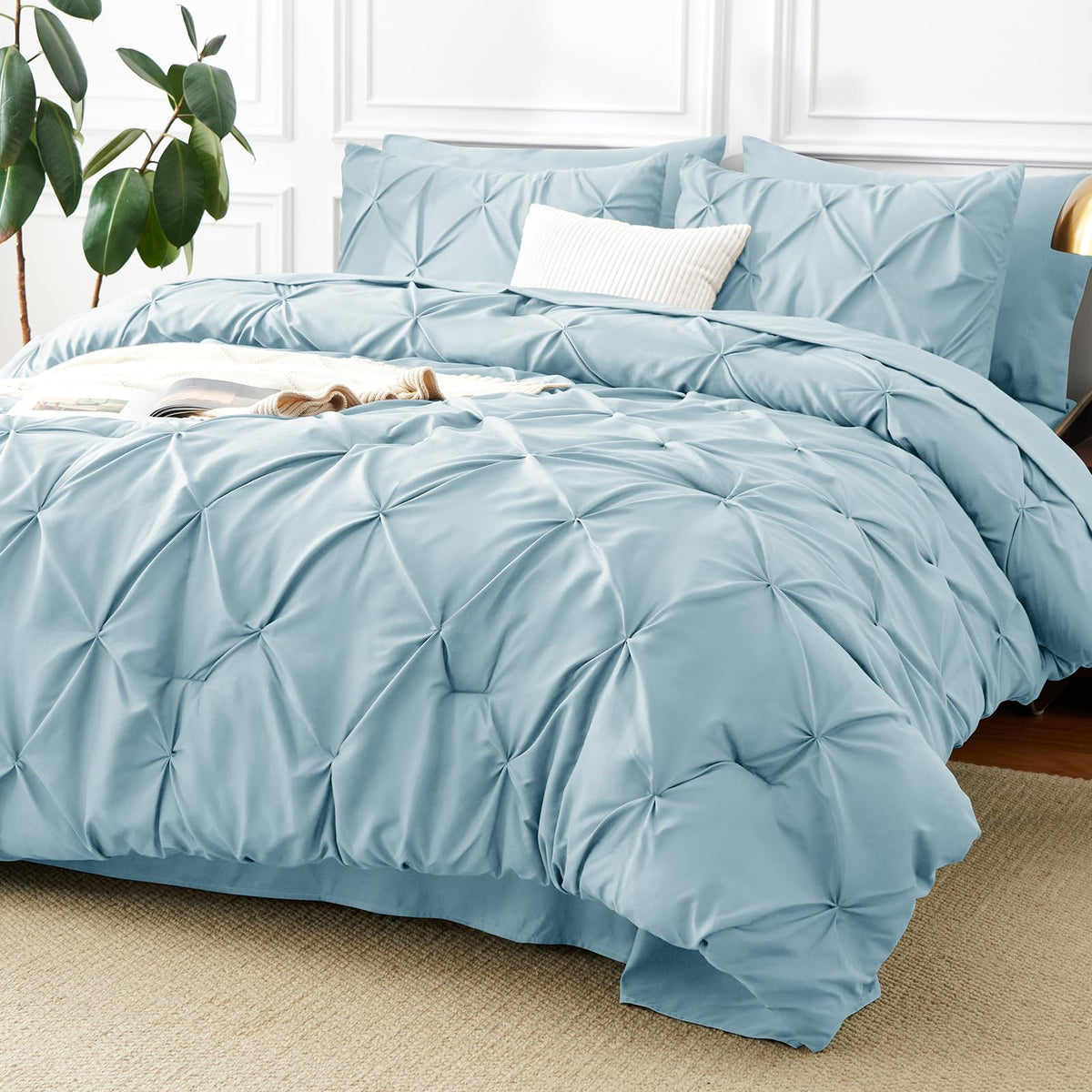 CozyLux Queen Comforter Set Black, 7 Pieces Pintuck Bed in a Bag