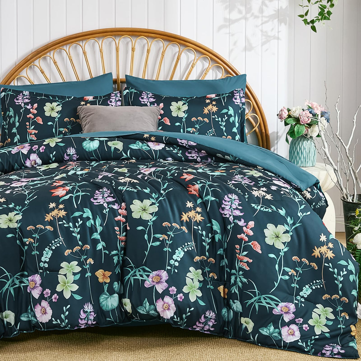 DJY Floral Comforter Set Queen Size,Brown Botanical Bedding Sets