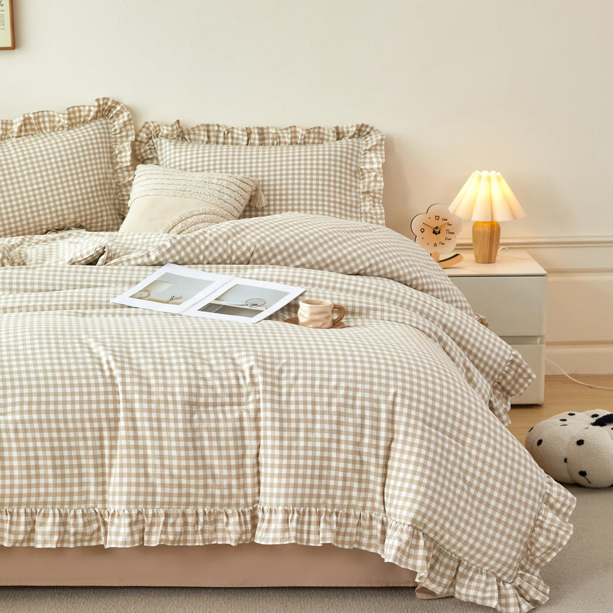 RYNGHIPY 5 Pcs Gingham Bedding Set Queen Yellow Ruffle Comforter Sets