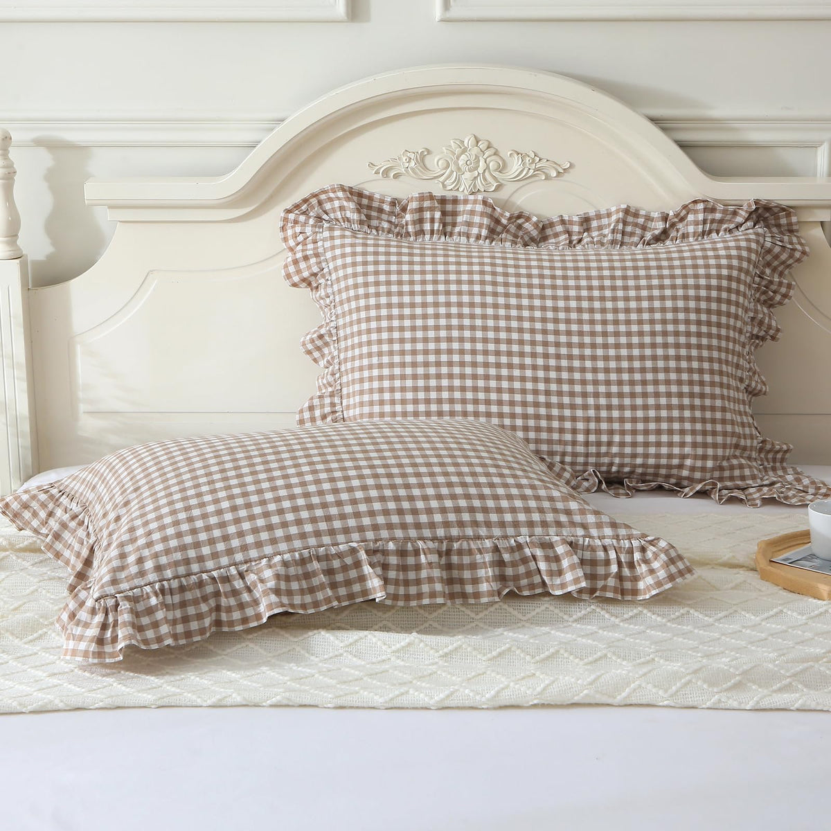 Mywinlle Taupe Plaid Gingham Ruffle Decorative Throw Pillow Covers 18"x18"