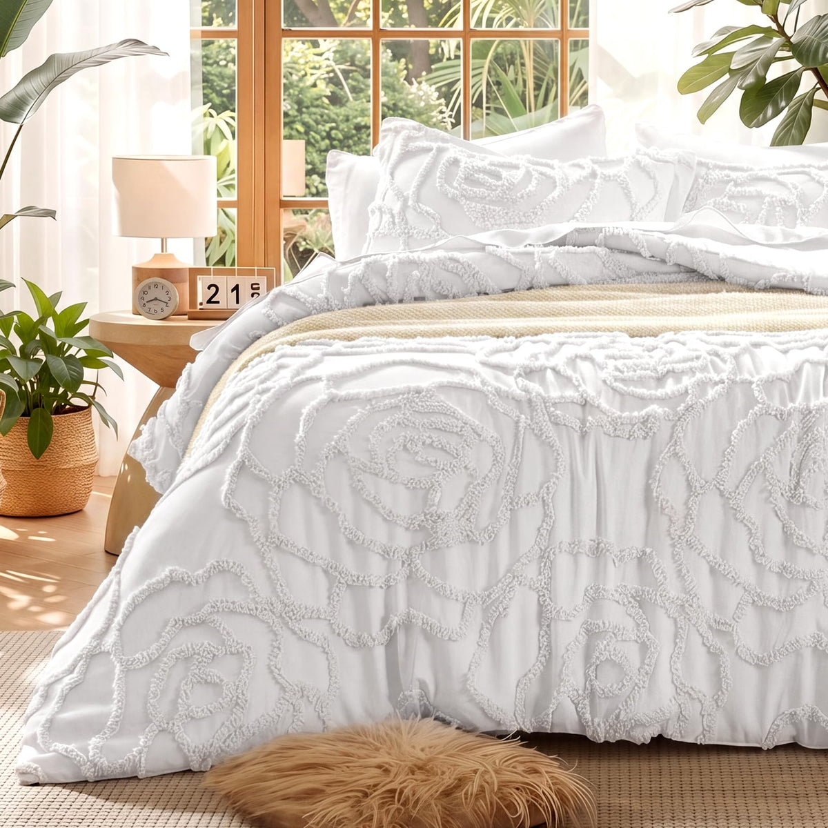 7 Pieces Comforter Set Queen Khaki Tufted Rose Soft Fluffy Boho Tufted Comforter Set All Season Bed in a Bag Set Shabby Chic Farmhouse Rustic Style Bedding