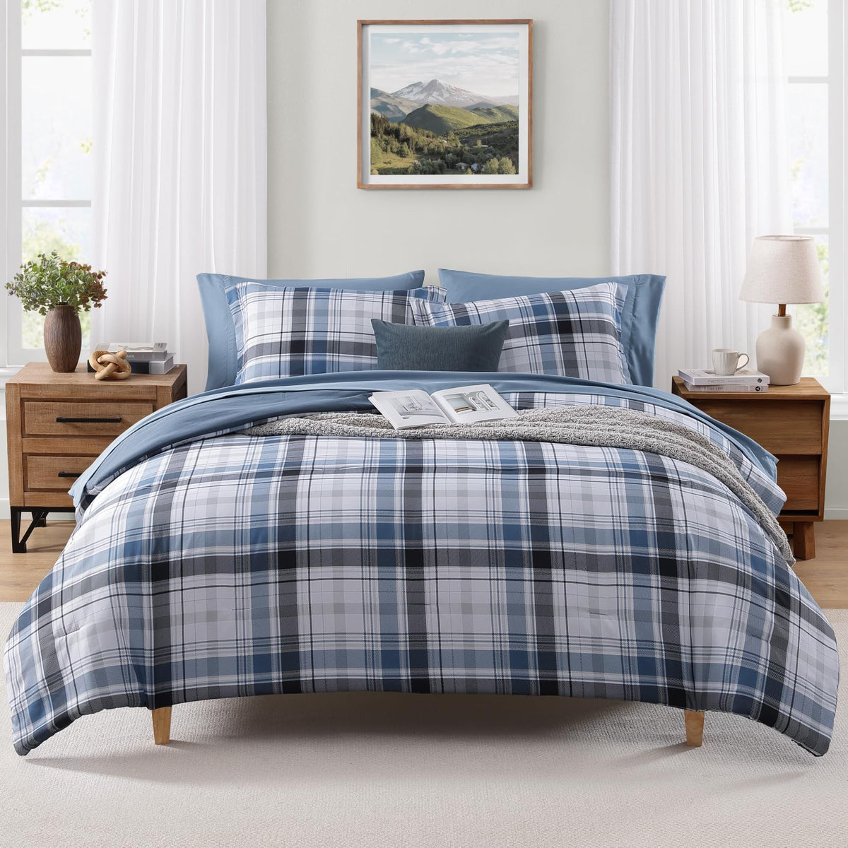 MaiRêve Plaid Queen Comforter Set Navy Blue 7 Pieces Bed in a Bag