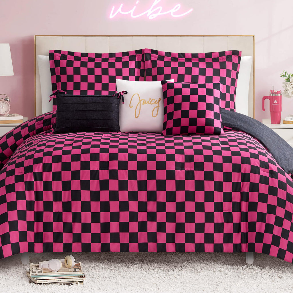 Juicy Couture Cabana Stripe Reversible Bedding Set - Queen Size - Black and White Stripe Print – 6 Piece Set – Includes 1 90" x 90" Comforter, 3 Decorative Pillows, 2 Shams